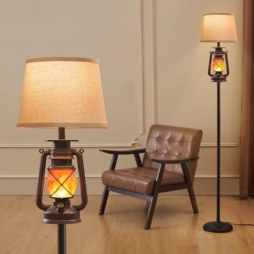LEDIARY LED Flashing Flame Night Lantern Farmhouse Floor Lamp for Living Room, Rustic Standing Lamp with Beige Linen Drum Lampshade, Lantern Floor Lamps for Bedroom Home Decor