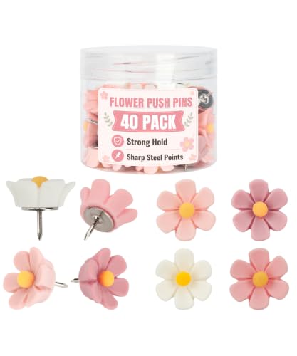 Mr. Pen Flower Push Pins, 40 Pack Decorative Thumb Tacks for Bulletin Boards