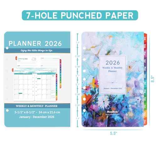 2026 Planner Refills - Planner Inserts with 7-Hole Punched, 5-1/2" x 8-1/2", Runs from Jan 2026 to Dec 2026, Weekly and Monthly Spread, Colorful Monthly Tabs