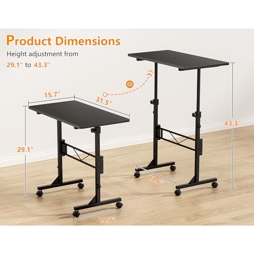HOMIDEC Standing Desk, 32 Inch Portable Small Desk Adjustable Height, Rolling Home Office Desks with Wheels, Sit Stand Desk for Bedroom Walking Pad Home Office Small Space, Black