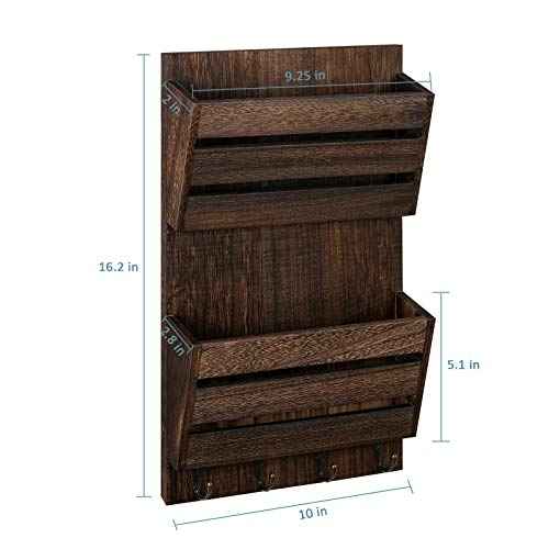 Mail Holder for Wall, Wooden Mail Sorter with 4 Key Hooks, 2 Slot Wall Mounted Mail Sorter Letter Bills Newspaper Magazine Organizer for Entryroom Hallway Office Garage, Rustic Brown