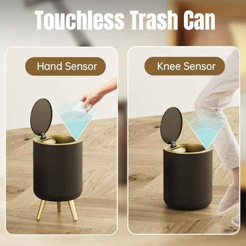 URALFA Motion Sensor Trash Can with Lid, Touchless Bathroom Garbage Can with Legs, Automatic Office Trash Can with Lid for Near Desk, Restroom Small Garbage Can,2.4 Gallon,Black