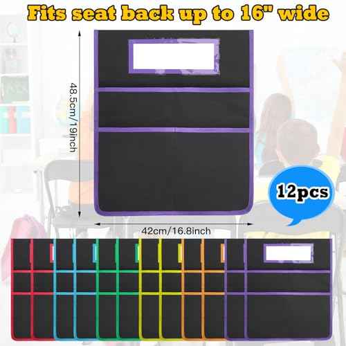 12 Pack Classroom Chair Pockets 19x16.8 Inch Chairback Buddy Pocket Chart Seat Back Organizer Student Storage with Lable Slot for Classroom Kindergarten School Home