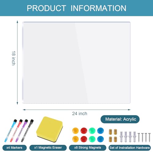 Patelai 18''x24''Clear Acrylic Dry Erase Board for Wall Mount Non Magnetic Floating Whiteboard Includes Transparent Writing Panel 4 Markers 1 Eraser 8 Magnets 4 Wall Studs for Home Office School
