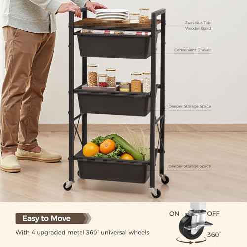 3 Tier Rolling Utility Cart with Drawer, Plastic Drawer Storage Snack Craft Book Cart with Lockable Wheels & Wood Tabletop, Metal Shelf Storage Organizer Cart for Kitchen, Bedroom, Office, Black
