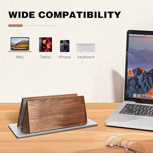 muso wood Vertical Laptop Stand, Walnut Laptop Holder Desktop Stand with Adjustable Dock Size, Wooden Laptop Stand for MacBook Pro and Other Laptops