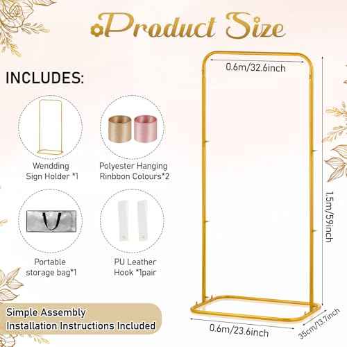 FACULX Wedding Welcome Sign Holder, Welcome To Our Wedding Sign Stand with Satin Ribbon and Bundle, Heavy Duty Easel Stand for Sign, 59x33x13.7 Metal Floor Standing Easels for Signs, Poster - Gold