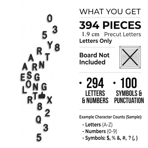 Black Felt Letter Board Letters Set 394 Pcs 3/4 Inch Precut for Standard Grooved Boards
