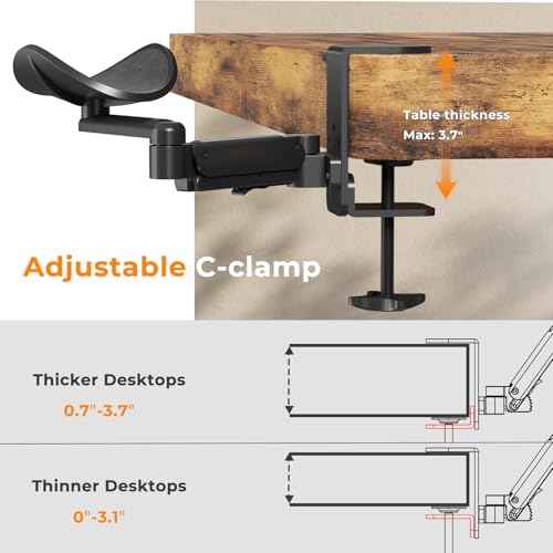 JOY worker Universal Clamp-on Adjustable Arm Rest, Ergonomic 360¡Æ Rotating Elbow Rest Pad for Desk, 6-Level Height Desk Arm Support for Thicker Desktop, Left/Right Hand, Black