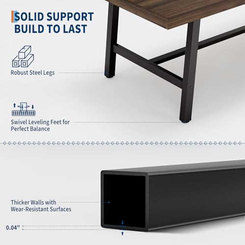 Garvee 63" 6-Person Dining Table in Brown with 2x2 Metal Legs, Industrial Kitchen Table