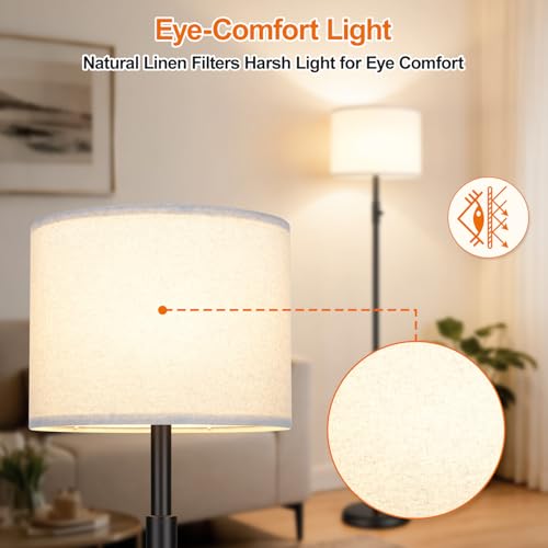 Yemela Matte Black Floor Lamp with Beige Linen Shade - Dimmable Tall Standing Light for Living Room & Bedroom