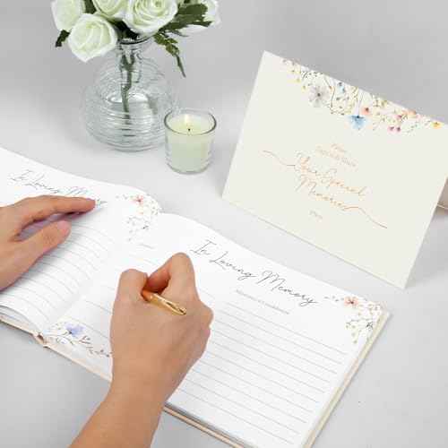 Hunanyume Funeral Guest Book for Memorial Service, in Loving Memory Guest Book with Gold Pen Please Sign Table Card, Wild Floral Funeral Sign in Book for Guests (7" x 9")