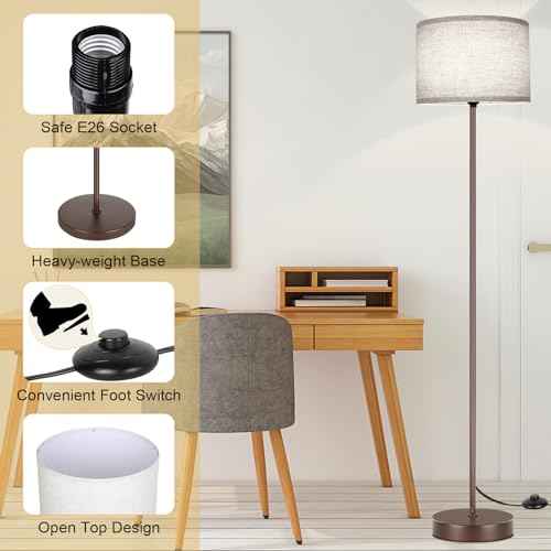 65¡®¡¯ Simple Design Floor Lamp with 3CCT 9W LED Bulb, Modern Industrial Standing Lamp for Living Room with Foot Switch, Tall Lamp with Drum Shade, Stand Up Floor Light for Study Bedroom Office, Brown