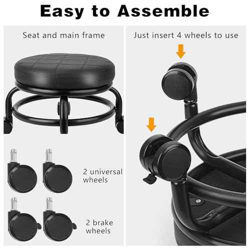 Low Roller Stool Low Height Rolling Stool Seat PU Leather Small Chair Foot Stool Round Rolling Stools for Home Office Garage Shop (Black)