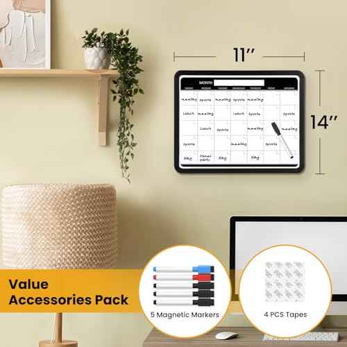 Small Monthly Whiteboard Calendar for Wall, Mini 11" x 14" Dry Erase Board with Plastic Frame, Hanging Dry Erase Calendar for Kitchen Planner, Home, Office