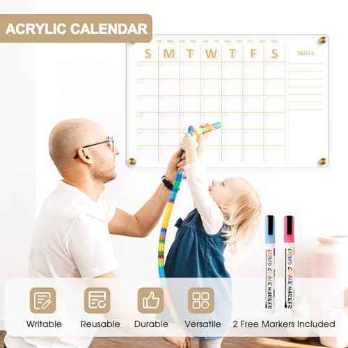 Large Acrylic Calendar for Wall, 24" X 16" Golden Clear Acrylic Wall Calendar, Clear Wet & Dry Erase Calendar Hanging Frameless Monthly Planner for Office, Home or School, 2 Markers