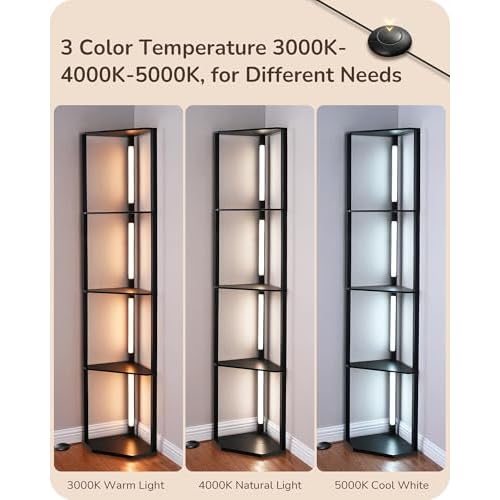 EDISHINE 64" Corner Display Shelf with Light, Modern Corner Floor Lamp with Shelves, 3CCT, Stepless Dimmable Standing Lamp for Living Room, Bedroom, Office, Dining Room, 3000K 4000K 5000K, Black
