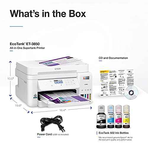 Epson EcoTank ET-3850 Wireless Color All-in-One Cartridge-Free Supertank Printer with Scanner, Copier, ADF and Ethernet ? The Perfect Printer Home Office,White