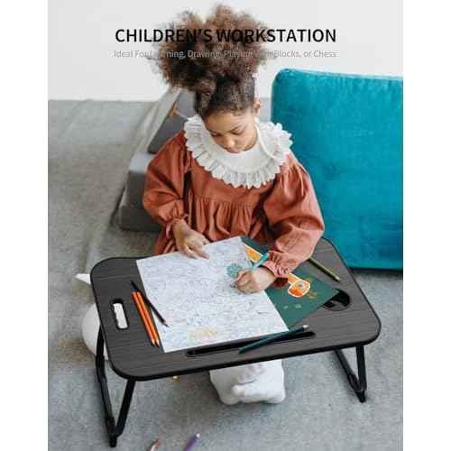 Laptop Bed Desk, Foldable Lap Desk, Portable Lap Table, Laptop Stand with Cup Holder & Tablet Slot & Lifting Handle for Working Writing Drawing & Eating - Black