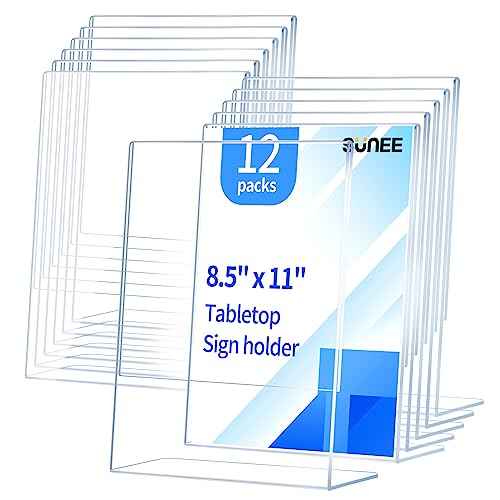 SUNEE 12 packs Clear Plastic Sign Holders for 8.5x11 Paper, Vertical L-shape Frame for Displaying Signs and Menus