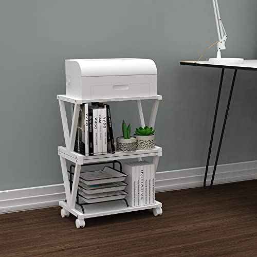 VEDECASA Retro Desktop Printer Stand 2 Double Tiers Wood Printer Shelf Rustic Industrial Farmhouse Wood Storage Book Shelf Organizor for Home Office Stylish Sturdy V Shaped (Dark Grey)
