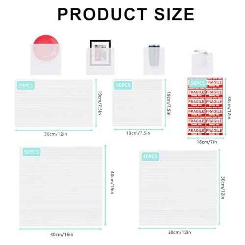 260pcs Cushioning Foam Pouches Moving Supplies, 4 Sizes (16x16inch,12x12inch sheets,12x7.5inch,7.5x7.5inch) Use Packing Supplies for Moving, Packaging, Storage Incidental 60 Fragile Stickers, Clear
