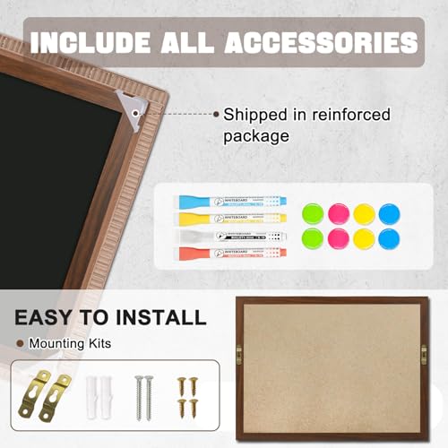 4 THOUGHT Chalk Board 24" x 36", Magnetic Large Chalkboard for Wall Rustic Blackboard Hanging Chalkboards Sign Menu Board for Kitchen Decor Office Home School 4 Markers 8 Magnets, Brown