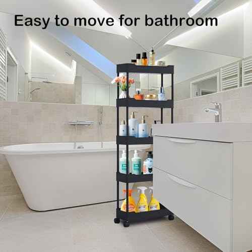 5-Tier Plastic Rolling Utility Cart, Rolling Storage Cart, Narrow Shelf, Bathroom Organizer Rolling Utility for Office, Kitchen,Bathroom,Living Room,Laundry Room