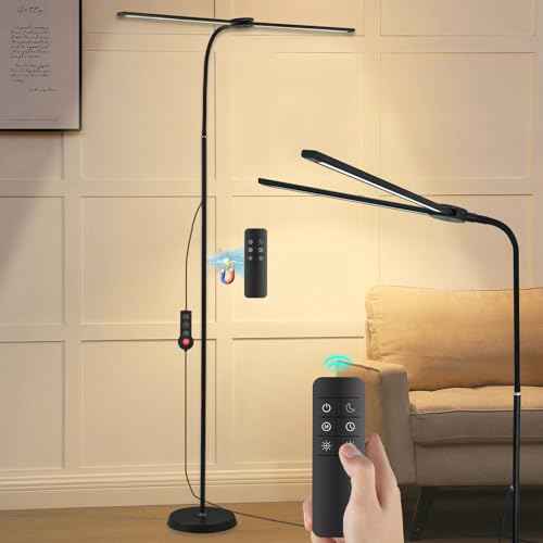 LED Floor Lamp with Remote, 24W 2400LM Dimmable Standing Light with Double Heads and Adjustable Gooseneck, Modern Tall Lamp for Bedroom, Office, Living Room, Eyelash Extensions & Crafting