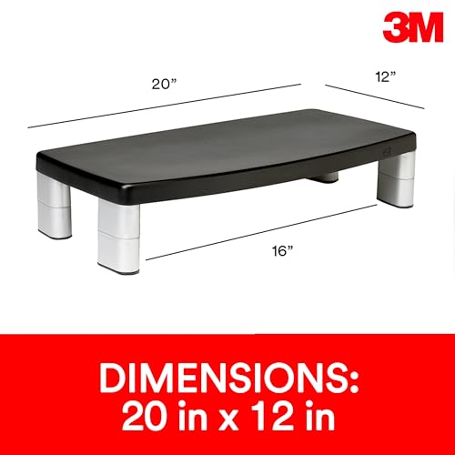 3M Extra Wide Adjustable Monitor Stand, Three Leg Segments Simply Adjust Height from 1" to 5 7/8", Sturdy Platform Holds Up to 40 lbs, 16-inch Space Between Columns for Storage, Silver/Black (MS90B)