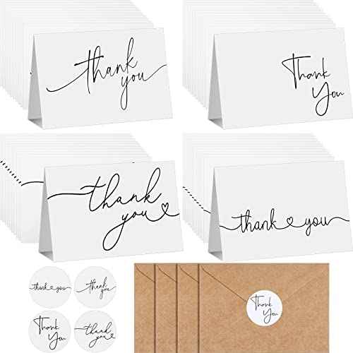 Teling 200 Set Thank You Cards with Envelopes Bulk, 6 x 4 Inch Blank Thank U Greeting Notes with Brown Kraft Envelopes Stickers Thankyou Card Set for Graduation Wedding Birthday Baby Shower(White)