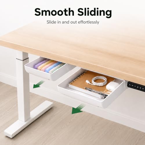 YOOUSOO White Under Desk Drawer Organizer 2 Pack - Small & Large Self-Adhesive Storage Drawers for Office & Home