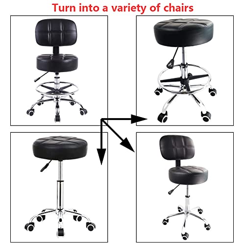 KKTONER Swivel Round Rolling Stool PU Leather with Adjustable Foot Rest Height Adjustable Task Work Drafting Chair with Back (Black)