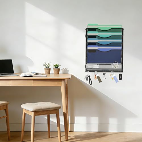 Gawerk 4+1-Tier Wall-Mounted File Organizer with 5 Hooks - Office & Home Mail Storage