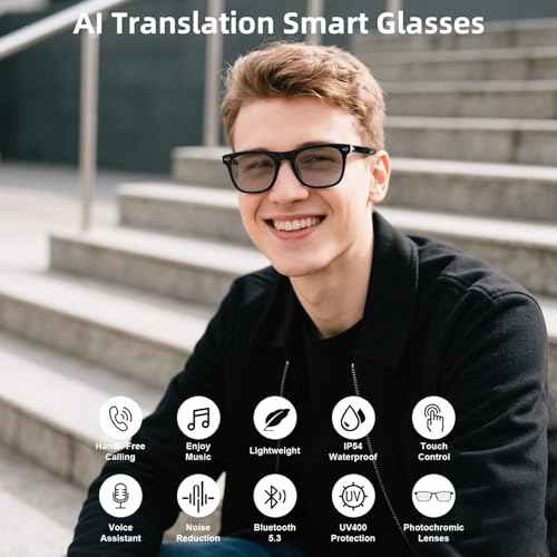 Smart Translation Glasses, Photochromic Lenses, Open-Ear Audio Design, Support 160+ Languages, Simultaneous Interpretation via APP, Bluetooth Glasses for Meeting, Traveling, Business(Black)