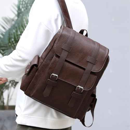 Vintage Laptop Backpack Leather Backpack for Men Dark Brown Travel Work Backpacks Large Capacity Business Back Pack