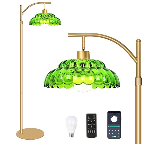 Dimmable Glass Floor Lamp, Mid Century Standing Lamp with Green Glass Shape, Modern Tall Lamp with Remote, Standing Floor Lamps for Living Room, 12W LED Bulb Included