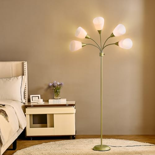 Medusa Modern Decor Floor Lamp, 5 Head Adjustable Gooseneck Lamps for Reading, White Shades Multiple Tall Standing Lamps for Living Room Bedroom Office Kids Classroom, Gold, Bulbs Included