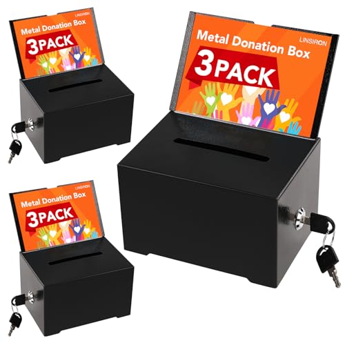 LINSIRON 3 Pack Metal Suggestion Boxes with Lock & Detachable Sign, 6.3x4.7x3.9 Inch