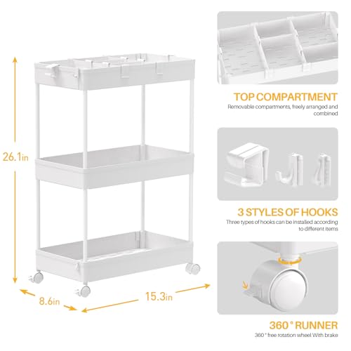 SPACELEAD White 3-Tier Rolling Cart with Wheels & Adjustable Shelves - Storage Organizer for Office, Bathroom & Kitchen