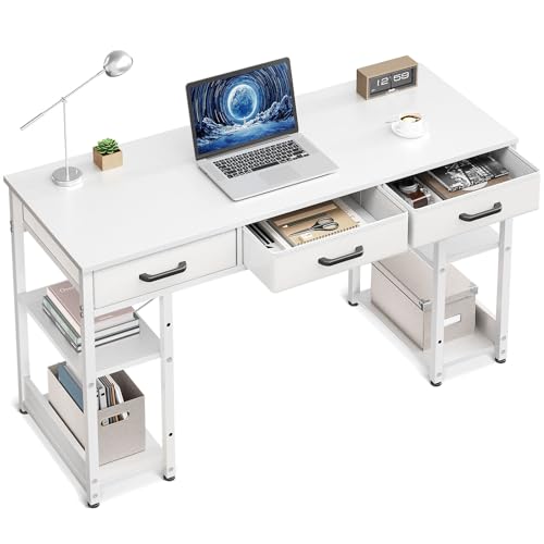 Casaottima Small Office Desk with Fabric Drawers, Computer Desk with Storage Shelves, Modern Writing Table, 48" Home Desk, Pure White