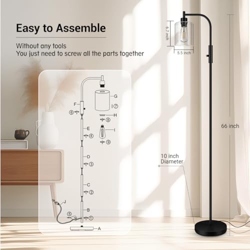BoostArea Dimmable Standing Lamp with Seeded Glass Lampshade, 6W LED Bulb Included, Modern Industrial Lamp for Living Room, Bedroom, Office