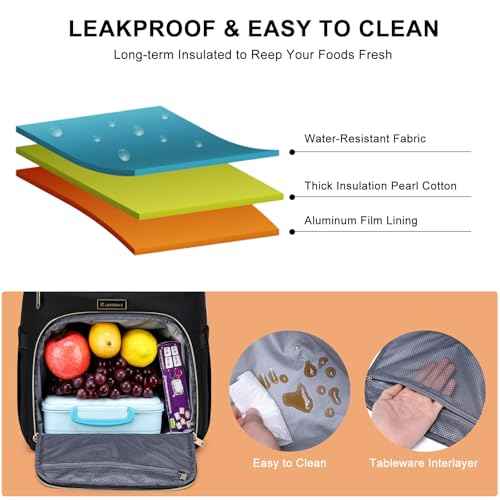 Lunch Backpack for Women, Water Resistant Insulated Cooler Lunch Bag, 15.6 inch Laptop Backpacks with USB Port, Picnic Backpack with Lunch Box for College Work Camping Beaches, Black