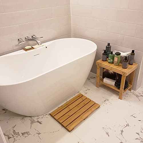 HOIGON 2 Pack 13 Inches Bamboo Step Stool, Bamboo Foot Stool with Storage Shelf, Non-Slip Stepping Stools for Home, Garden,Bathroom