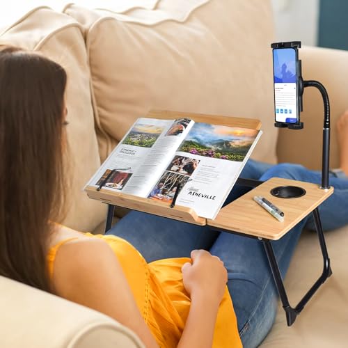Laptop Desk in Bed, wishacc Adjustable Bamboo Lap Desk Table with Gooseneck Tablet Holder Mount for Laptop,Tablet,Phone,Book Reading