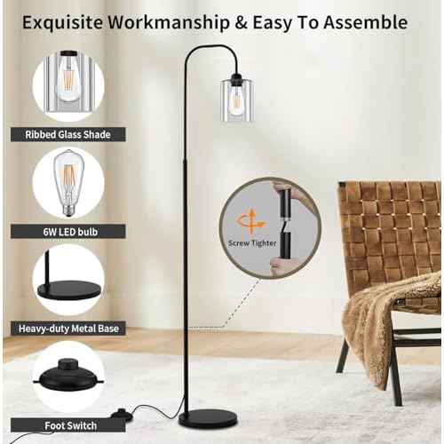 Floor Lamps for Living Room, Industrial Floor Lamp for Bedroom, Modern Standing Lamp with Bulb, Foot Pedal Switch Tall Lamp,Glass Lampshade Minimalist Tall Pole Lamp for Office,Nursery (Black)