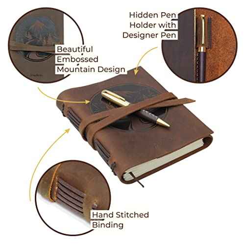 Leather Bound Journal for Men and Women, Handmade Gift Set with Mountain Embossed Journal and Stylish Pen, Vintage and Classic, Notebook, Sketchbook, Planner and Diary (300 Pages) (8x6")