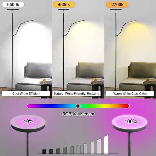Floor Lamp , Dimmable RGB Floor Lamp,24W/2000LM Main Light and 10W/350LM Side Reading Lamp, Adjustable 3 Colors 2700K/4000K/6500K Tall Lamp with Remote & Touch &APP Control for Living Room Bedroom