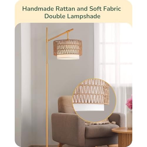 EDISHINE Rattan Arc Floor Lamp with Remote,Gold Farmhouse Standing Lamp with Dimmable LED Bulb,Rattan & Fabric Double Shades,Foot Switch,Adjustable Wicker Floor Lamps for Living Room, Bedroom, Nursery