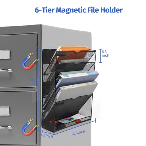 6-Tier Magnetic File Holder, Large Capacity File Cabinet Organizer, No-Drill Mount Hanging Magnetic Paper Holder for File Cabinets, Office, Whiteboard, Magnetic Mail Holder, Black
